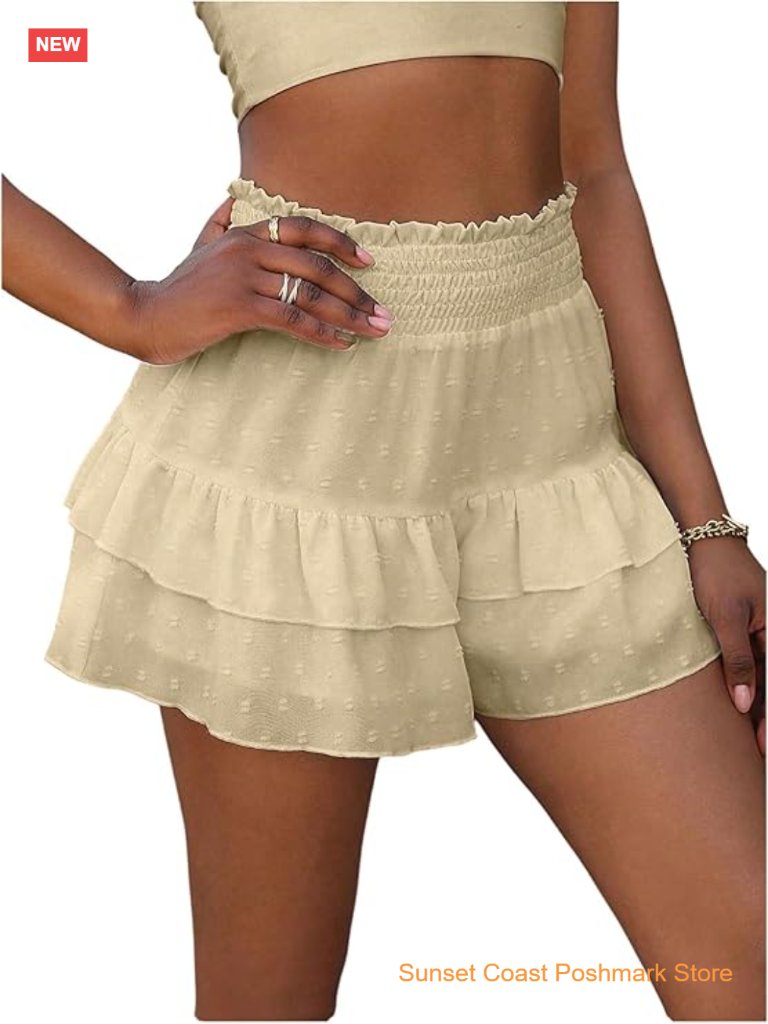 Ruffle Shorts Shirred Elastic High Waisted Layered Wide Leg Summer